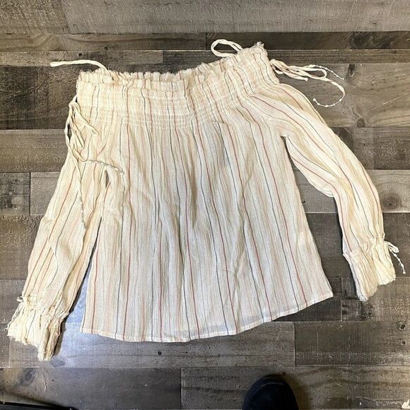 NEW ANTHROPOLOGIE LOVE SAM SZ S AZALEA OFF SHOULDER STRIPED PEASANT TOP $145 - Picture 1 of 6